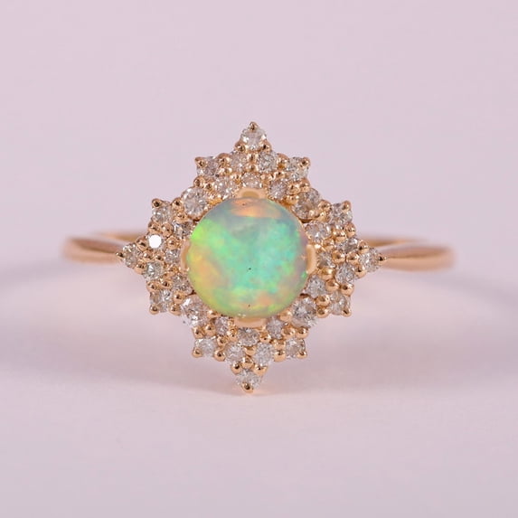 Opal and Diamond Halo Handmade Jewelry, Thin Delicate Unique Stacking Diamond Band Jewelry, Minimalast Gemstone Ring, Engagement Ring, Party Wear Jewelry.