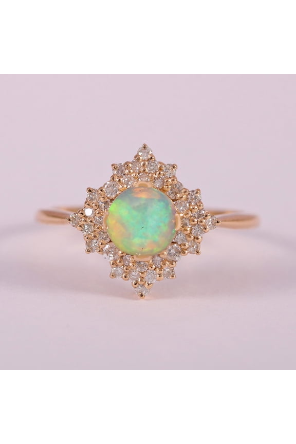 Opal and Diamond Halo Handmade Jewelry, Thin Delicate Unique Stacking Diamond Band Jewelry, Minimalast Gemstone Ring, Engagement Ring, Party Wear Jewelry.