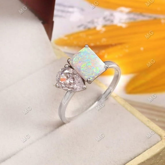 Opal Diamond Ring Unique Two Birthstone Ring, mother daughter ring, unique family birthstone ring, toi et moi ring, Wedding Ring Gifts Her.