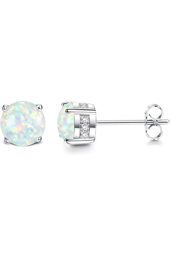 Opal Earrings 18K Gold Plated Stainless Steel Post Round Cut Created White/Blue/Pink Opal Stud Earrings for Women 6MM