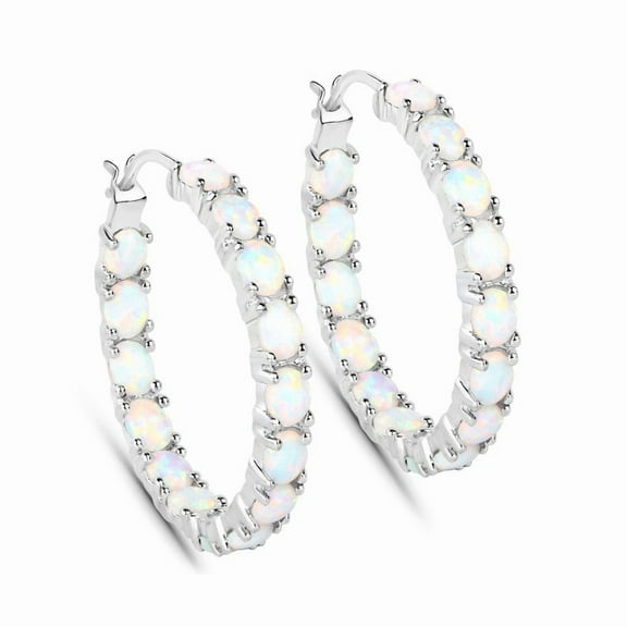 Opal Earrings Sterling Silver, Opal Earrings for Women, October Birthstone Hoop Earrings for Her, Anniversary Gift