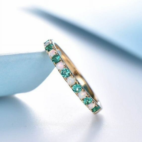 Opal Emerald Ring Wedding Band Half Eternity Vintage Ring, Stacking Ring 925 Sterling Silver Yellow Gold Plated Gemstone Jewelry For Women Gift By KIRAN FINE JEWELS