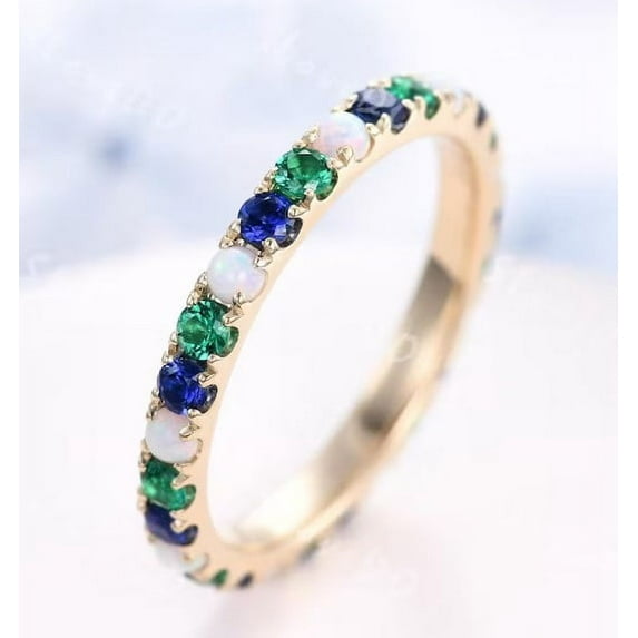 Opal,Emerald & Sapphire Ring, 2mm Eternity Wedding Band, May Birthstone Ring, Emerald Matching Band, Stacking Ring, Sapphire Ring.