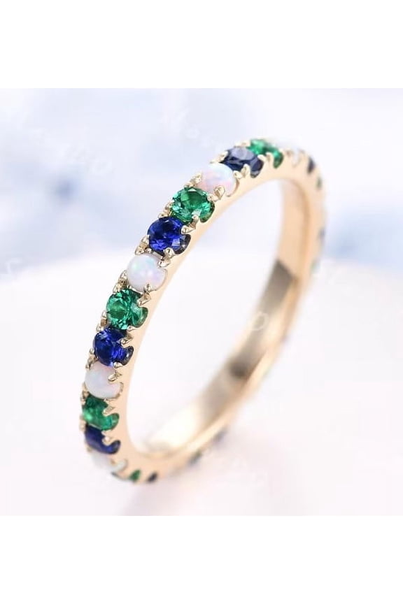 Opal,Emerald & Sapphire Ring, 2mm Eternity Wedding Band, May Birthstone Ring, Emerald Matching Band, Stacking Ring, Sapphire Ring.