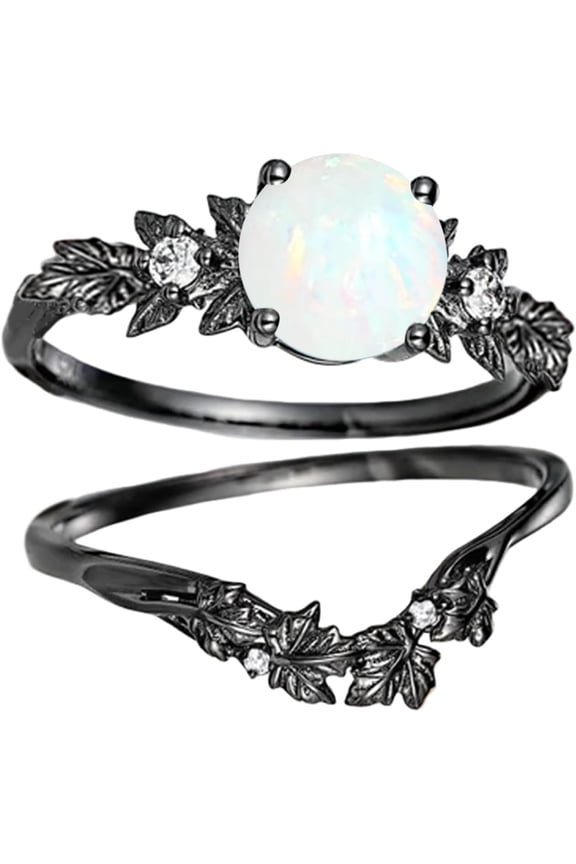 Opal Engagement Ring for Women 925 Sterling Silver Leaf Oval Opal Ring Set Black Engagement Wedding Ring for Her-5
