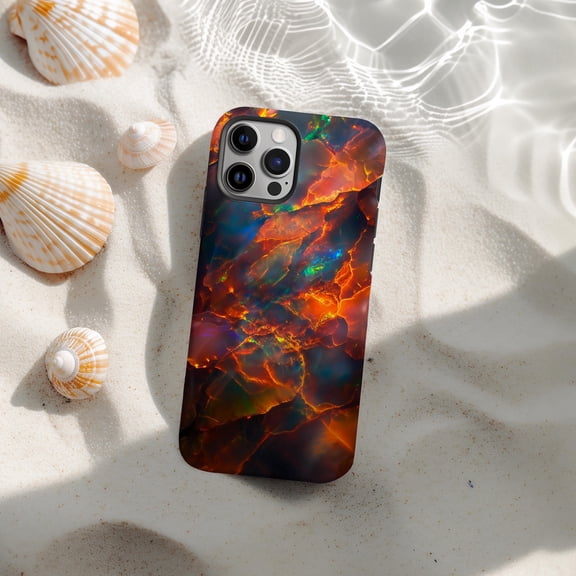 Tough 2 Layer Shockproof Protective Case Compatible with iPhone 17, Opal Fire Gemstone Effect Orange Red Design