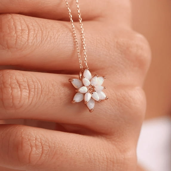 Opal Flower Necklace in 14k Rose Gold Finish - Dainty Opal Necklace - Mothers Day Gift For Mum