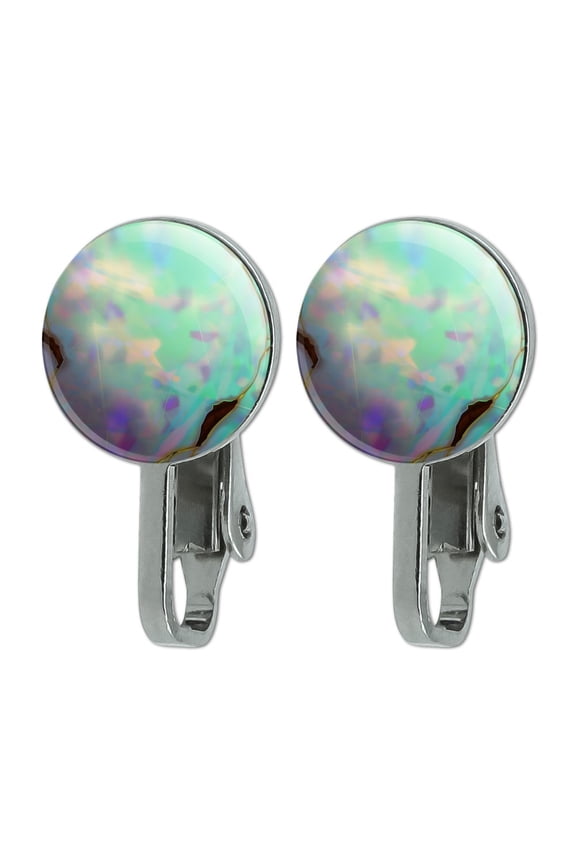 Opal Gemstone Picture (Image Only) Novelty Clip-On Stud Earrings