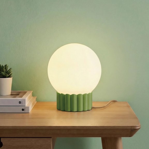 Opal Glass Globe Table Lamp with Ribbed Resin Base and Dimmer Switch,Green