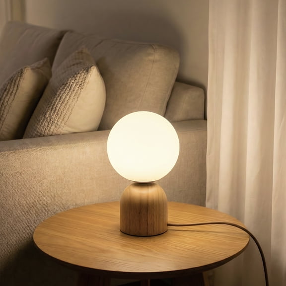 Opal Glass Globe Table Lamp with Wood Base and Dimmer Switch,Natural