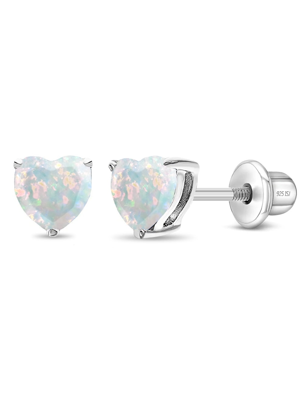 Opal Heart Kids / Children's / Girls Earrings Screw Back - Sterling Silver