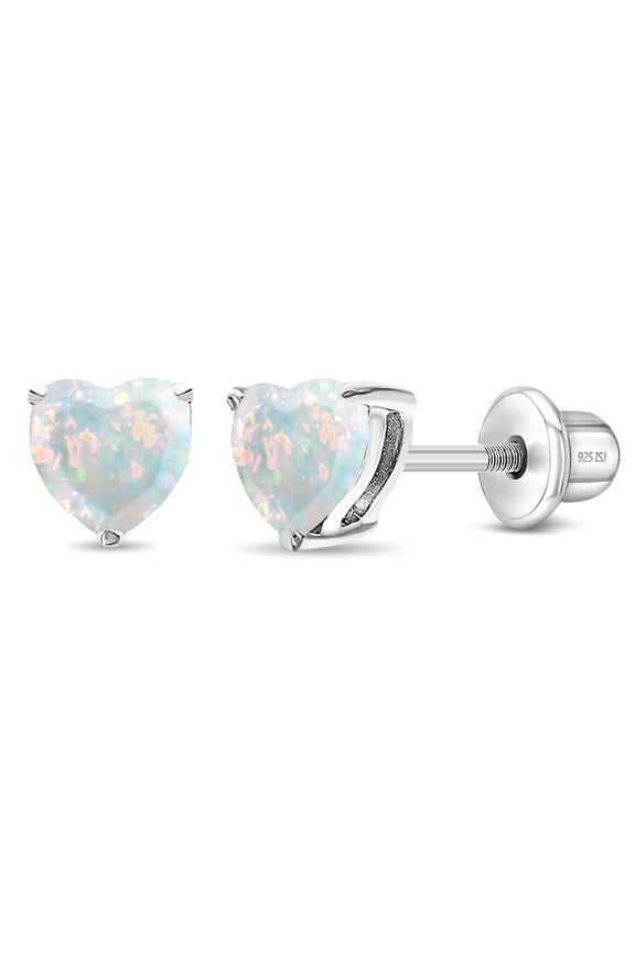 Opal Heart Kids / Children's / Girls Earrings Screw Back - Sterling Silver