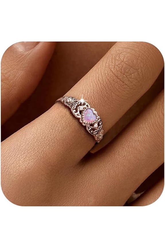 Opal Heart Ring for Women 925 Sterling Silver Hollow Butterfly Ring Purple Heart Cut Opal Cubic Zirconia Promise Ring for Her Jewelry Birthday Wedding Prom Gifts for Mom Daughter