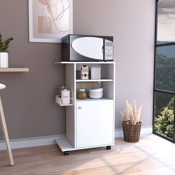 Opal Kitchen Cart, Single Door Cabinet, Four Casters, White