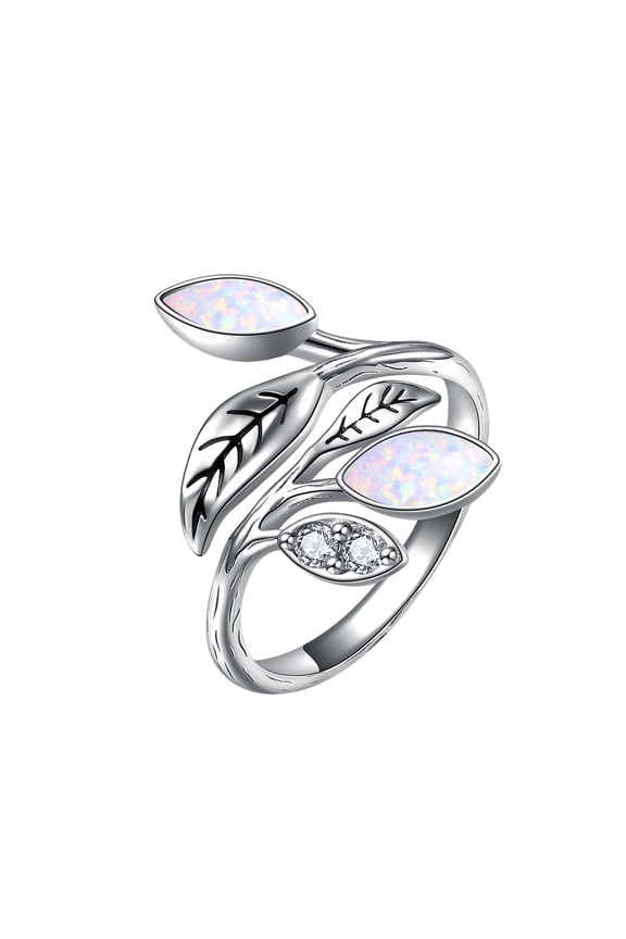 Opal Leaf Ring Adjustable Sterling Silver Opal October Birthstone Ring for Women Christmas Birthday Gifts