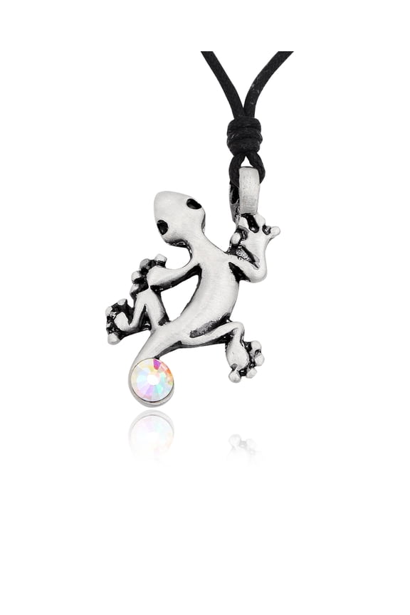 Opal Lizard Gecko Head Skull Silver Pewter Charm Necklace Pendant Jewelry With Cotton Cord