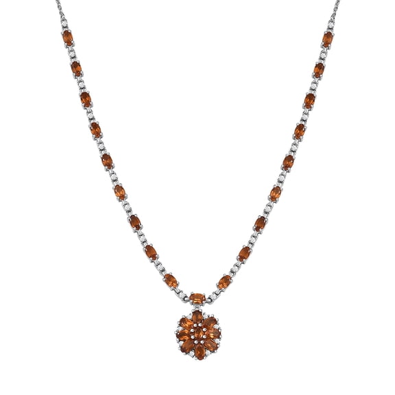 Hessonite Garnet White Zircon 925 Sterling Silver Rhodium Plated Necklace for Women Jewelry Birthday Christmas Gifts Size 18" Ct 7.3