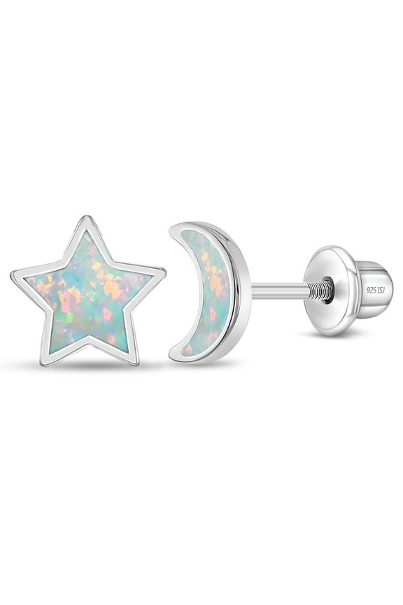 Opal Moon and Star Children's / Girls Earrings Screw Back - Sterling Silver