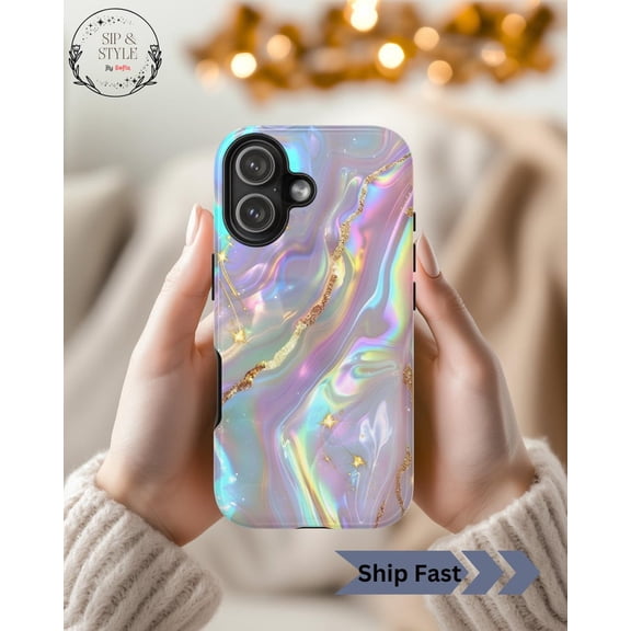 Opal & Mother of Pearl Tough Phone Case, Iridescent Liquid Marble Design, Holographic Star Cover