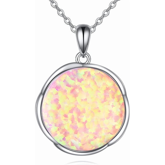 Opal Necklace 925 Sterling Silver Pink Opal Necklace Dainty Round Opal Pendant Necklace Bridal Wedding Jewelry for Women
