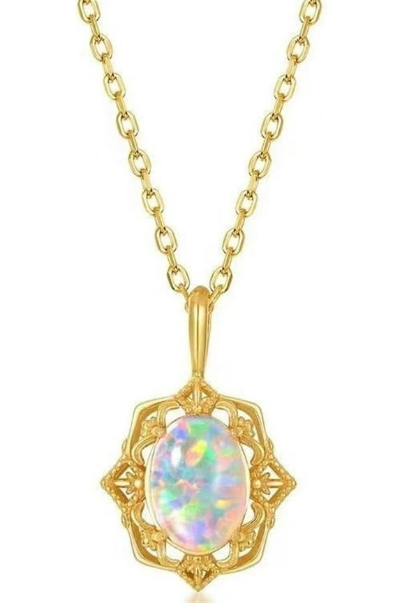 Opal Necklace,925 Sterling Silver Plated 14K Gold Opal Gemstone Necklace