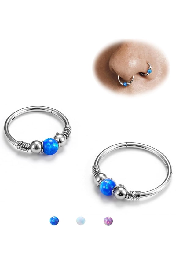 Opal Nose Rings Hoops - 316L Surgical Steel Septum Ring for Women Conch Piercing Jewelry Daith Helix 2Pcs 16G 18G