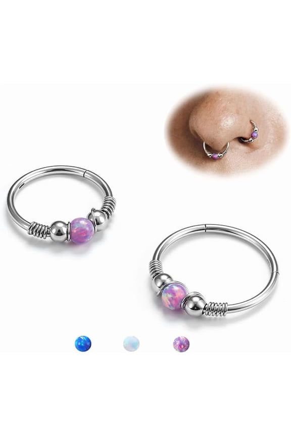 Opal Nose Rings Hoops - 316L Surgical Steel Septum Ring for Women Conch Piercing Jewelry Daith Helix 2Pcs 16G 18G