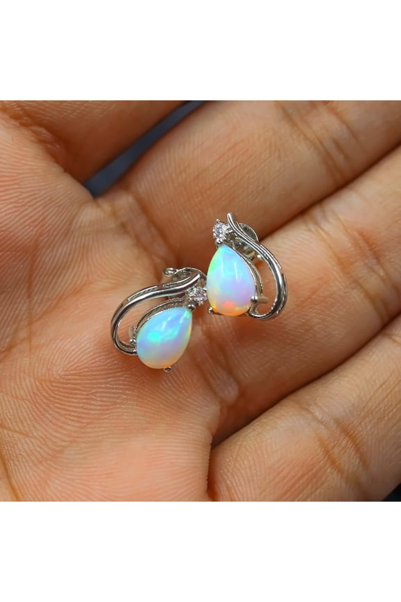 Opal Pear Stud Earrings: Ethiopian Fire Opal, Sterling Silver, October Birthstone