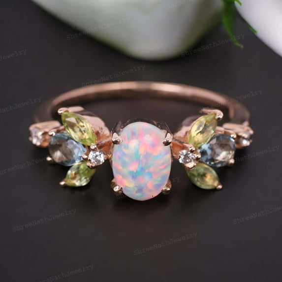 Opal Promise Ring Peridot Wedding Ring Aquamarine Cluster Fine Women Jewelry Oval Cut Engagement Gift Ring