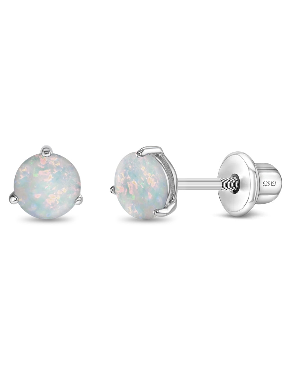 Opal Prong Kids / Children's / Girls Earrings Screw Back - Sterling Silver