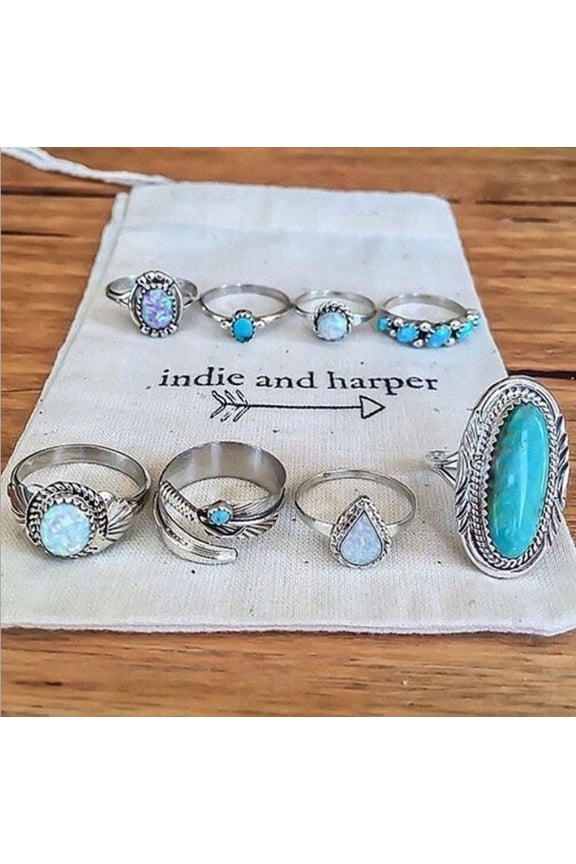 Opal Ring Set Turquoise Eight Piece Jewelry