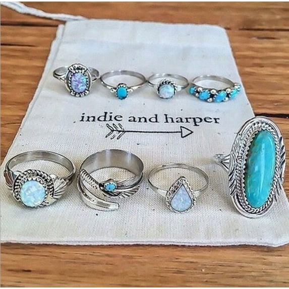 Opal Ring Set Turquoise Eight Piece Jewelry