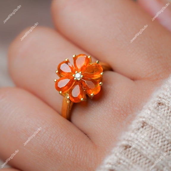 Opal Ring Silver Gold Engagement Flower Ring Halo Ring Anniversary Mom 51th Birthday Christmas Gift