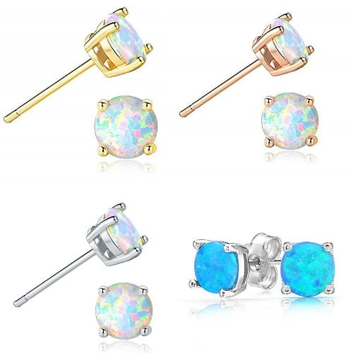 925 Sterling Silver Round Cut Fire Opal Stud Earrings, Lab