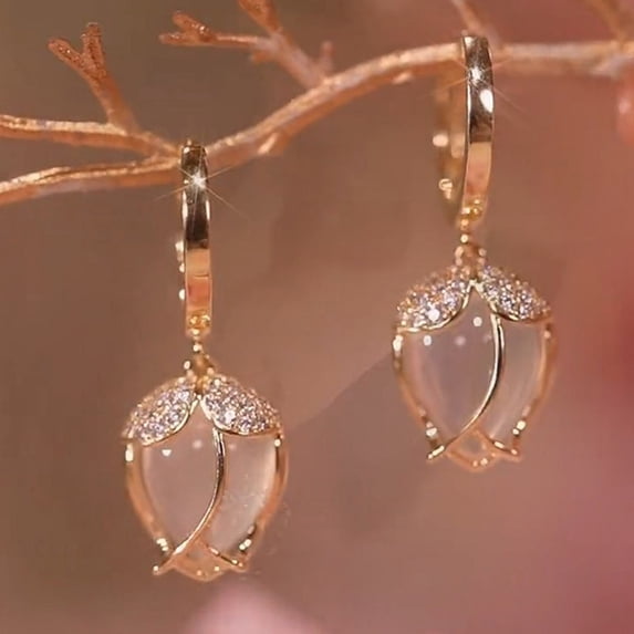 Opal Tulip Flower Dangle Earrings for Women Gold Tulip Drop Earrings Crystal Rhinestone Earring Fashion Jewelry Gifts
