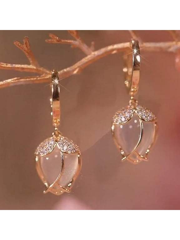 Opal Tulip Flower Dangle Earrings for Women Gold Tulip Drop Earrings Crystal Rhinestone Earring Fashion Jewelry Gifts