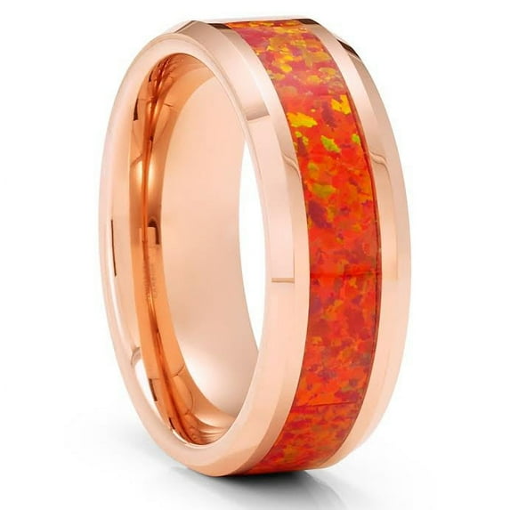 Opal Tungsten Wedding Rings - Orange Wedding Band - Opal Wedding Band - Rose Golf