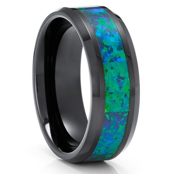 Opal Wedding Band,Black Tungsten Wedding Ring,Anniversary Ring,Opal Wedding Ring,Comfort Firt