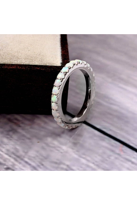 Opal Wedding Band Ring, Opal Gemstone Full Eternity Band, Cabochon Cut 925 Sterling Silver Opal Rings Jewelry Anniversary Gift for Her .