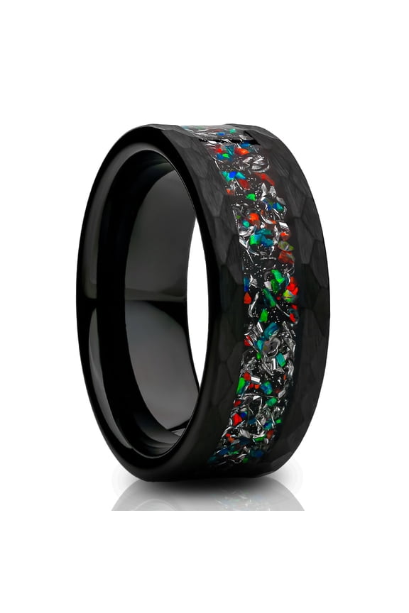 Opal Wedding Ring,Galaxy Opal Wedding Band,Tungsten Wedding Ring,Black Wedding Ring,8mm Hammered Ring