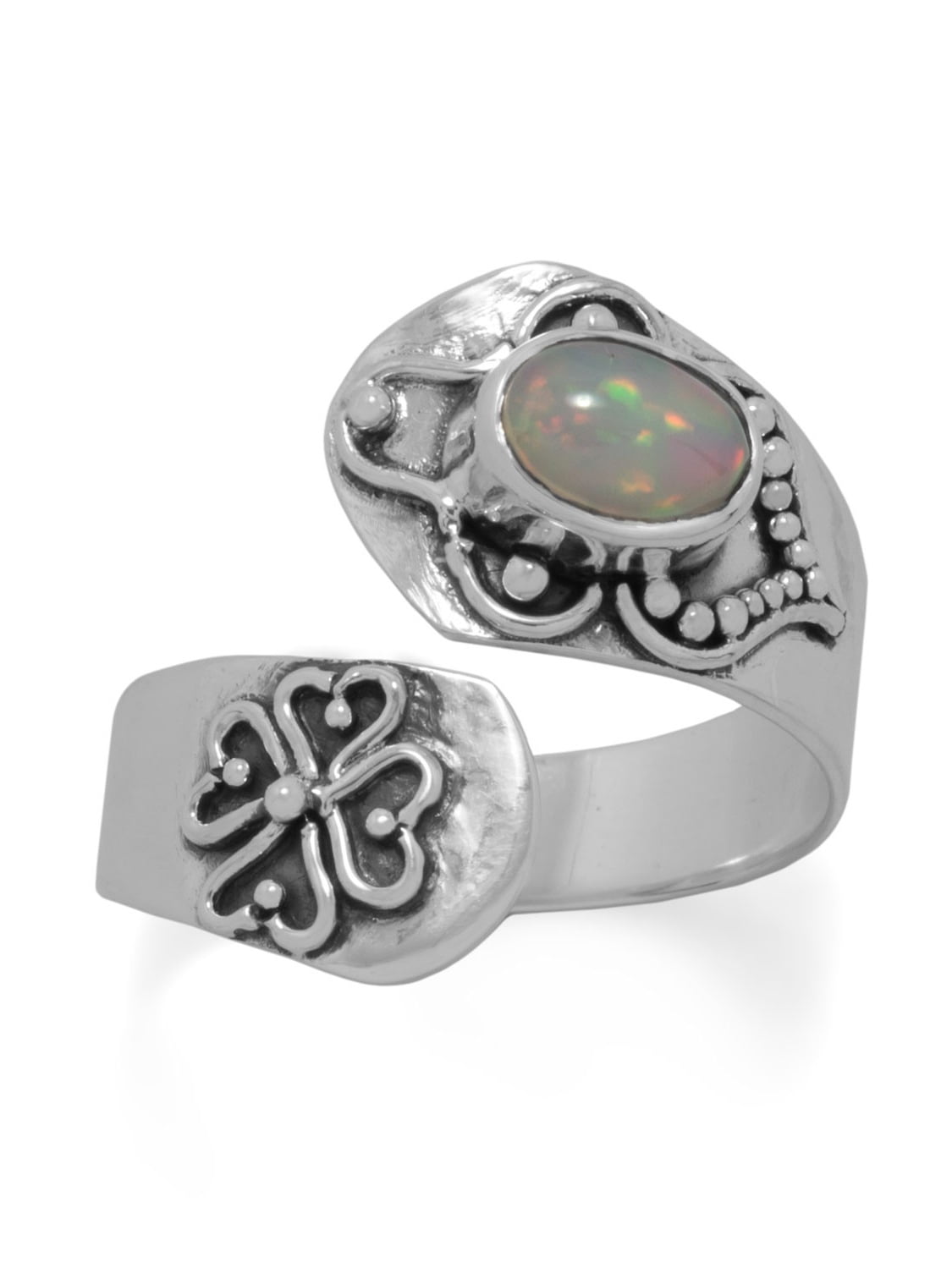 Opal Wrap Spoon Ring with Heart Clover Design Sterling Silver Opal Wrap Spoon Ring with Heart Clover Design Sterling Silver