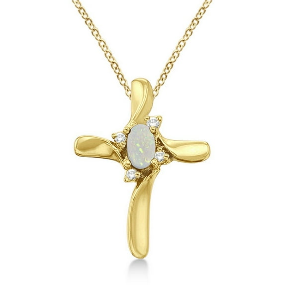 Opal and Diamond Cross Necklace Pendant 14k Yellow Gold