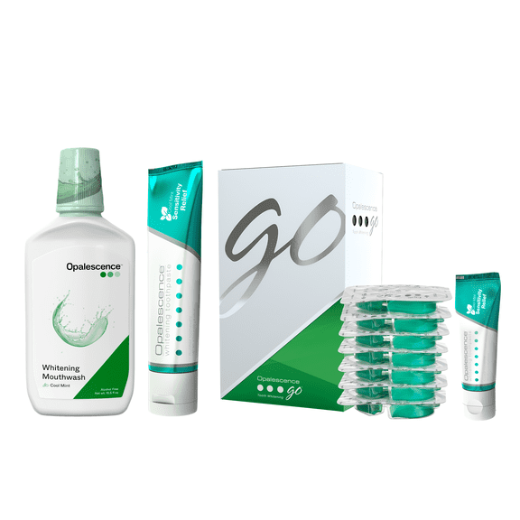 Opalescence Go Teeth Whitening Kit 15% Hydrogen Peroxide 7 Treatments with Sensitive Toothpaste 4.7 oz and 1 oz Travel Size Plus Alcohol Free Mouthwash