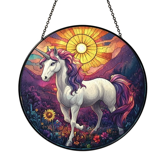 Opalescent Unicorn in Crystal Bloom Field Stained Glass Suncatcher, Window Hanging Ornament, Fantasy-Themed Home Decor, Gift for Fantasy Lovers