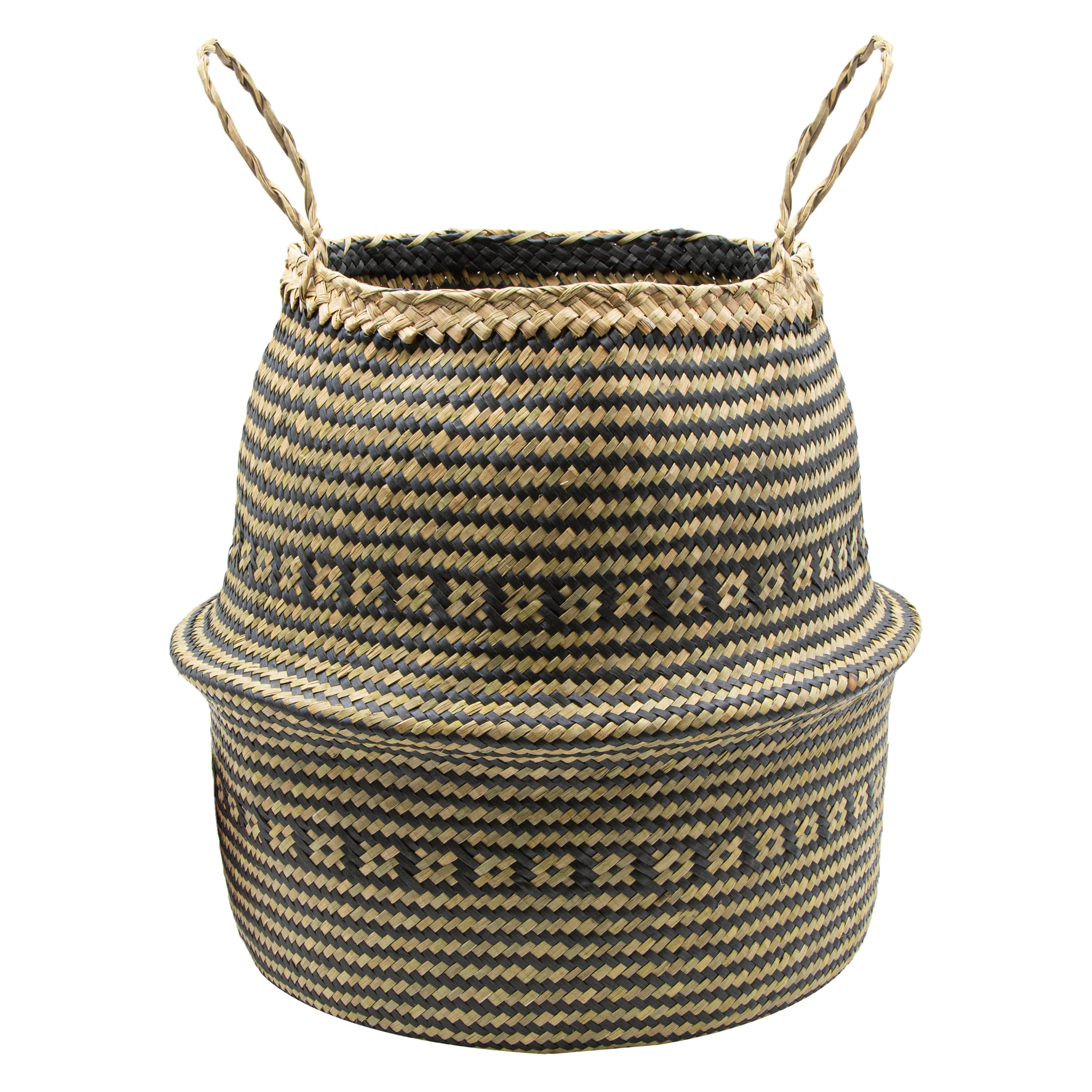 Convertible Round Seagrass and Paper Storage Basket in Black and Brown
