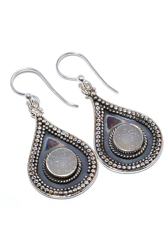 Opalite Agate Drusy 925 Sterling Silver Israeli Earring 1.72" M1437, Handmade Jewelry, Dangle Earring