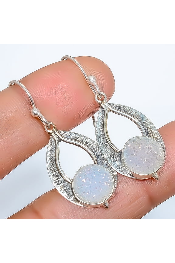 Opalite Agate Drusy 925 Sterling Silver Vintage Earring 1.76" E6097-2, Handmade Jewelry, Dangle Earring