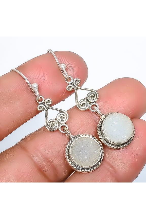Opalite Agate Drusy Gemstone 925 Sterling Silver Bali Earring 1.76" T33, Handmade Jewelry, Dangle Earring