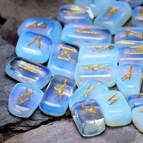 Opalite Gemstone Rune Stones Set with Elder Futhark Alphabet Engraved Symbol for Chakra Balancing Runes with Pouch & Rune Symbol brochure Size :- 20-25 mm App.