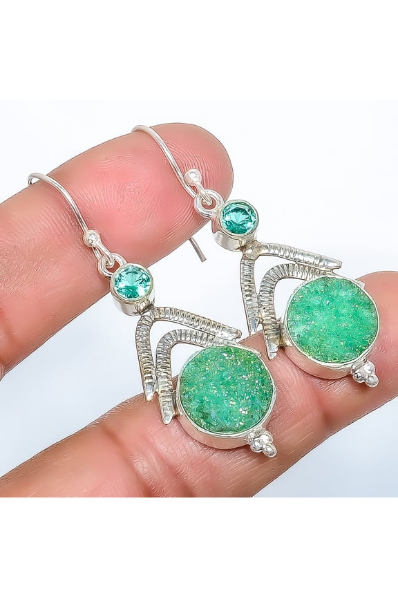 Opalite Green Forest Agate Drusy & Apatite 925 Sterling Silver Earring 2.07" M1588, Beautiful Jewelry For Woman & Gir, New Year Sale, Valentin's Day G